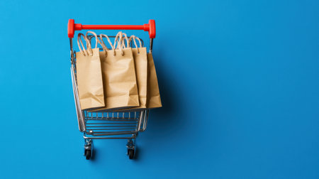A shopping cart filled with brown paper bags sits against a vivid blue backdrop, representing a modern take on shopping experiences and consumerism in a clean, stylish format.の素材