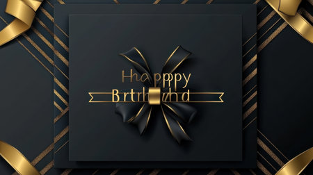 A stylish birthday card design in black and gold featuring a beautiful bow, perfect for celebrating special occasions and expressing warm wishes to loved ones.の素材