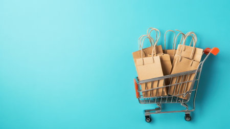 A shopping cart filled with brown paper bags stands against a bright blue background, symbolizing retail, promotions, and shopping experiences in a modern and vibrant style.の素材