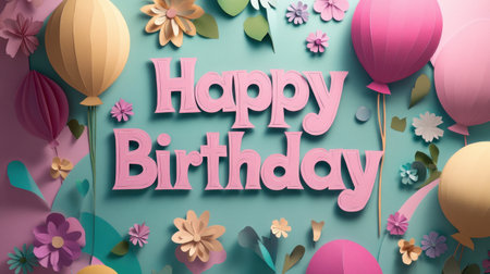 Bright and vibrant birthday decoration featuring colorful balloons and paper flowers, perfect for creating a joyful atmosphere for any festive celebration or party.の素材