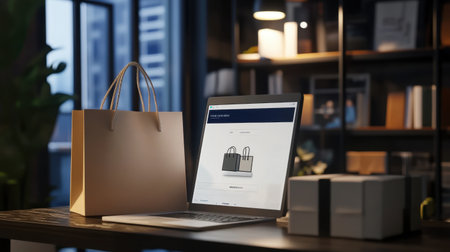 A stylish modern workspace featuring a laptop displaying an e-commerce website, accompanied by a shopping bag and gift box, ideal for illustrating online shopping concepts.の素材
