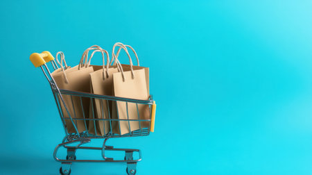 A stylish shopping cart filled with brown paper bags stands against a vibrant blue background, symbolizing retail therapy and modern shopping experiences.の素材