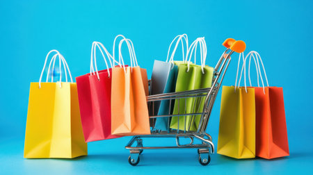 A vibrant image showcasing a silver shopping cart filled with colorful paper bags against a bright blue backdrop, ideal for retail and shopping themes in advertisements or e-commerce.の素材