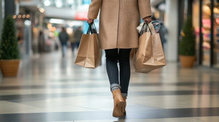 A fashionable individual strolls through a vibrant shopping mall, carrying stylish paper bags, encapsulating the essence of modern consumerism and urban style.の素材