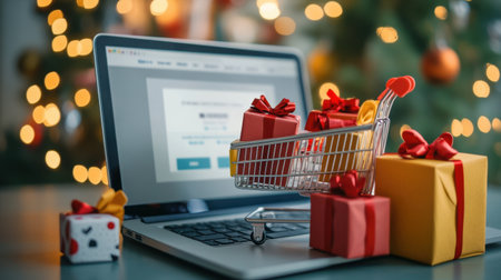 This image captures the essence of holiday online shopping, featuring a laptop, shopping cart, and colorful gift boxes, perfect for showcasing festive e-commerce themes.の素材