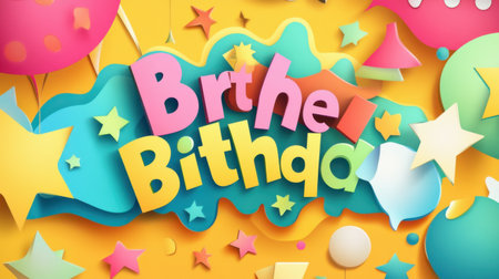 Vibrant and playful birthday celebration design featuring colorful elements such as balloons, stars, and cheerful text, perfect for invitations and party decor.の素材