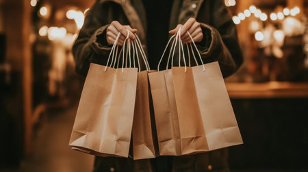 A person holds several brown paper shopping bags in a delightful market ambiance. The warm lights create a cozy atmosphere perfect for holiday shopping adventures.の素材