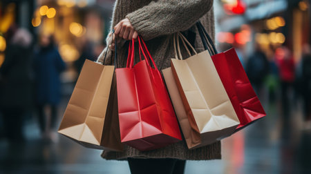 A stylish woman carries several colorful shopping bags, walking through a vibrant street filled with warm lights and blurred figures. An embodiment of urban lifestyle and festive spirit.の素材
