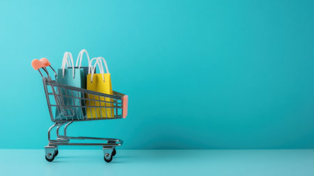 A vibrant shopping cart with colorful paper bags set against a striking teal background, representing the essence of modern retail and consumer shopping experiences.の素材