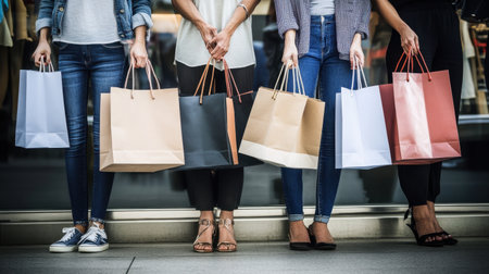 A stylish group of women stands together in front of a store, each holding distinct shopping bags, exemplifying urban fashion trends and a vibrant lifestyle.の素材