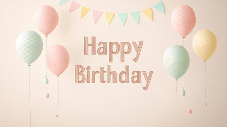 Bright and playful birthday theme featuring soft pastel balloons and festive banners creates a joyful atmosphere for celebrations and special occasions. Ideal for invitations.の素材