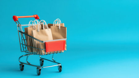 A vibrant image of a shopping cart filled with brown paper bags sits against a bright blue backdrop, symbolizing consumer culture and the joy of shopping in a minimalist setting.の素材