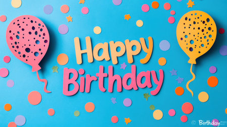 Vibrant birthday greeting featuring colorful balloons and confetti against a blue backdrop, ideal for festive occasions and joyful celebrations that express happiness and fun.の素材