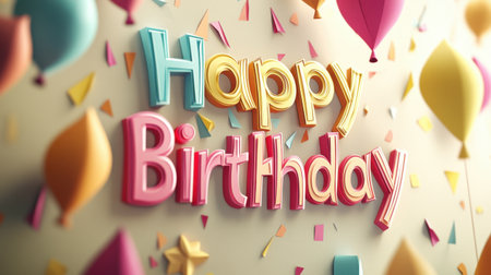A vibrant and playful birthday background featuring colorful balloons, confetti, and bold Happy Birthday text, perfect for cards, invitations, and party decorations.の素材
