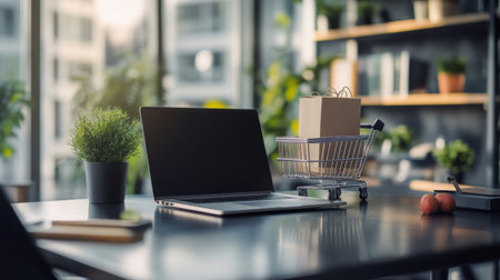 A stylish modern workspace features a laptop and shopping cart, set against an urban backdrop with potted plants and fresh fruit, perfect for e-commerce visuals.の素材