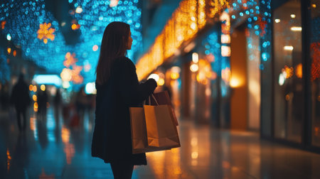 A tranquil scene showcases a woman holding shopping bags amidst a backdrop of colorful holiday lights, capturing the essence of evening shopping in a lively urban plaza.の素材