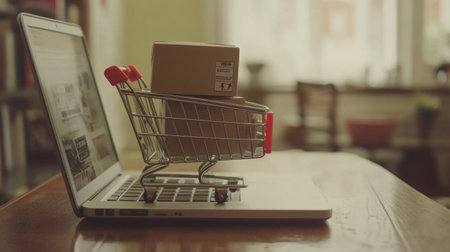 A miniature shopping cart rests on a laptop keyboard, symbolizing the rise of online shopping. This image captures the essence of convenience and modern consumer habits in a home setting.の素材