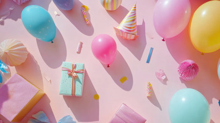 Enjoy a vibrant flat lay scene featuring colorful balloons, gift boxes, and festive decorations ideal for birthday parties and joyful celebrations, creating a lively atmosphere.の素材