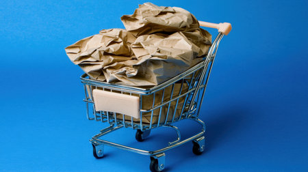 A shopping cart filled with crumpled brown paper sits on a blue background, illustrating themes of waste and consumer habits in today's retail landscape.の素材