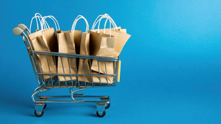 A stylish shopping cart filled with craft paper bags sits against a bright blue background, symbolizing modern retail trends and consumer behavior in a visually appealing way.の素材
