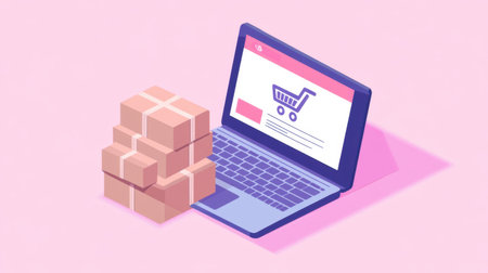 A vibrant illustration of a laptop showing an online shopping interface with stacked packages beside it, representing the convenience and efficiency of modern e-commerce.の素材