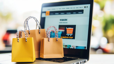 Close-up view of a laptop displaying an online shopping site with a shopping cart icon. Small yellow paper bags sit beside the laptop, symbolizing retail and e-commerce engagement.の素材