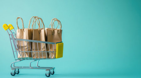 A sleek shopping cart is filled with eco-friendly brown paper bags against a striking blue background, illustrating themes of retail and consumerism for marketing and promotional use.の素材