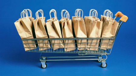 A shopping cart filled with neatly arranged paper bags sits against a vibrant blue background, symbolizing the retail experience and consumer joy in shopping.の素材