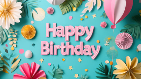 This vibrant design features colorful paper decorations with a "Happy Birthday" message on a cheerful turquoise background, perfect for festive invitations and celebrations.の素材
