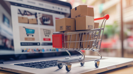 A shopping cart filled with cardboard boxes sits on a laptop keyboard, illustrating the convenience of online shopping and the modern digital retail experience.の素材