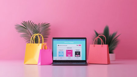 A vibrant online shopping scene featuring a laptop with an e-commerce interface, accompanied by colorful shopping bags and green plants against a pink backdrop, perfect for digital retail themes.の素材