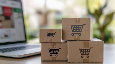A modern workspace setup showcasing cardboard boxes with shopping cart icons next to a laptop, symbolizing online shopping and e-commerce delivery services in a vibrant environment.の素材
