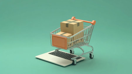 A creative representation of e-commerce with a shopping cart filled with cardboard boxes placed on a laptop keyboard, showcasing the modern online shopping experience and digital retail.の素材