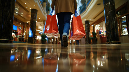 A person strolls through a luxurious mall, holding bright red shopping bags, with reflections visible on the polished floor, embodying the joy of a shopping experience.の素材