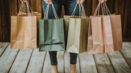 A person stands holding multiple eco-friendly paper shopping bags in shades of brown, green, and pink against a warm wooden backdrop, showcasing a modern and sustainable lifestyle choice.の素材