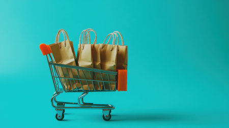 A modern shopping cart filled with brown paper bags against a bright turquoise background, ideal for promoting retail and e-commerce themes in a minimalist visual style.の素材
