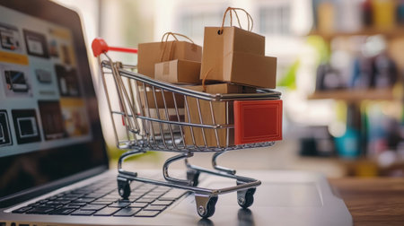 A shopping cart filled with small boxes rests beside a laptop, symbolizing the convergence of technology and retail in the thriving world of online shopping and e-commerce.の素材