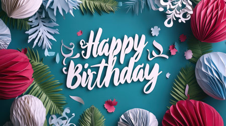 A vibrant and colorful arrangement of paper decorations with a "Happy Birthday" greeting, perfect for birthday celebrations and festive events. Bright and cheerful design elements create a joyful backdrop.の素材