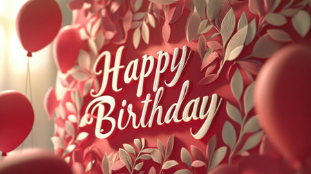 A charming birthday background featuring a bold "Happy Birthday" message, adorned with delicate paper leaves and floating red balloons, perfect for joyful celebrations.の素材
