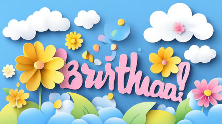 A vibrant paper art scene featuring colorful flowers and fluffy clouds, perfect for celebrating birthdays or special occasions. Bright and cheerful design adds joy.の素材
