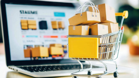 Capturing the essence of online shopping, this image features a yellow shopping cart filled with boxes beside a laptop, highlighting the convenience and excitement of e-commerce.の素材