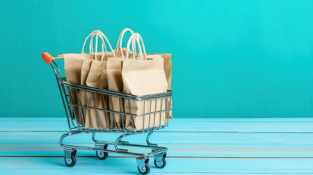 A shopping cart displays eco-friendly paper bags against a bright turquoise backdrop, capturing the essence of sustainable shopping and modern consumer habits.の素材