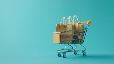 A stylish shopping cart filled with brown paper bags sits against a bright turquoise background, showcasing themes of modern retail and consumer experience. Ideal for marketing.の素材