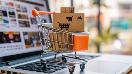 A stylish image showcasing a small shopping cart filled with boxes on a laptop, symbolizing the exciting world of online shopping and modern retail transactions.の素材