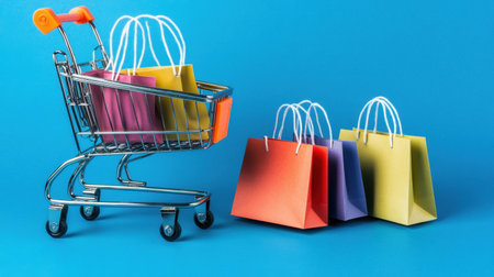 A vibrant shopping cart filled with colorful bags set against a bright blue background, capturing the essence of retail and consumer activities with an eye-catching design.の素材
