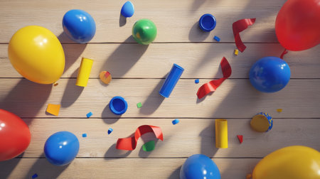 Vibrant and playful party decorations including balloons, ribbons, and confetti on a wooden surface, creating a festive atmosphere perfect for celebrations and joyful events.の素材