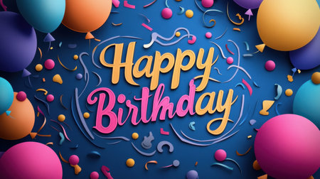 Bright and cheerful birthday celebration background featuring colorful balloons, confetti, and a festive greeting, ideal for inviting loved ones to join the fun.の素材