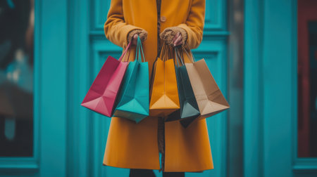A stylish woman in a bright winter coat displays an array of colorful shopping bags, capturing the joy and vibrancy of city life and retail exploration.の素材