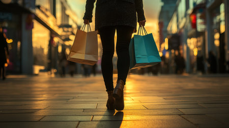 A woman walks down a bustling street carrying shopping bags as the sun sets, creating a warm glow that reflects the vibrant energy of urban life and retail experiences.の素材