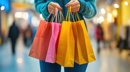 A stylish individual holds vibrant shopping bags in a bustling retail space, capturing the essence of modern consumer culture with a cheerful atmosphere and soft lighting.の素材
